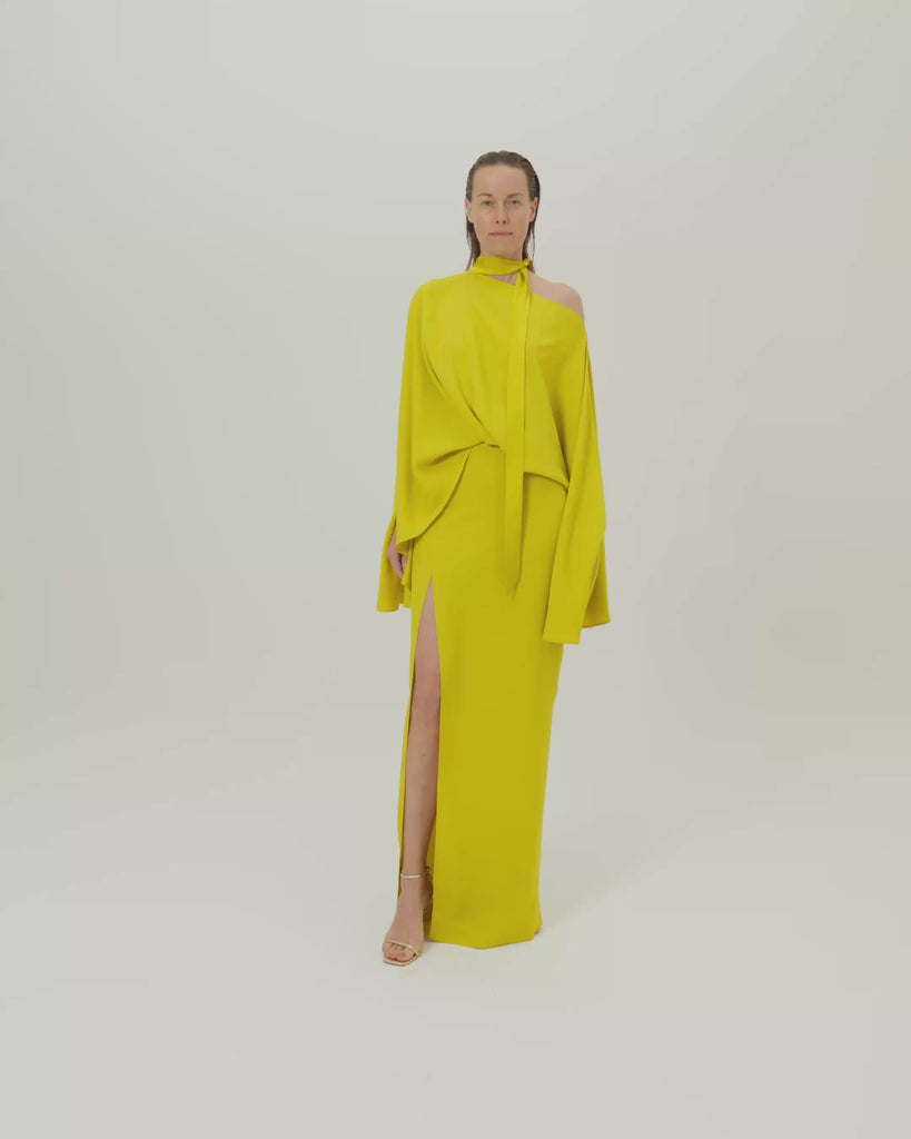 Brooks Dress in Acid Yellow - Crepe cady cold shoulder blouson dress with slit