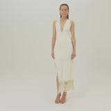 Sahara Dress in Ivory - Laced-up plunge neckline dress with hand-tied fringed hem and side slit