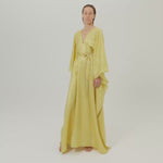 Mojave Kaftan in Antique Gold - Three-dimensional lurex pin stripe laced-up neckline belted kaftan with pockets