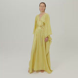Mojave Kaftan in Antique Gold - Three-dimensional lurex pin stripe laced-up neckline belted kaftan with pockets
