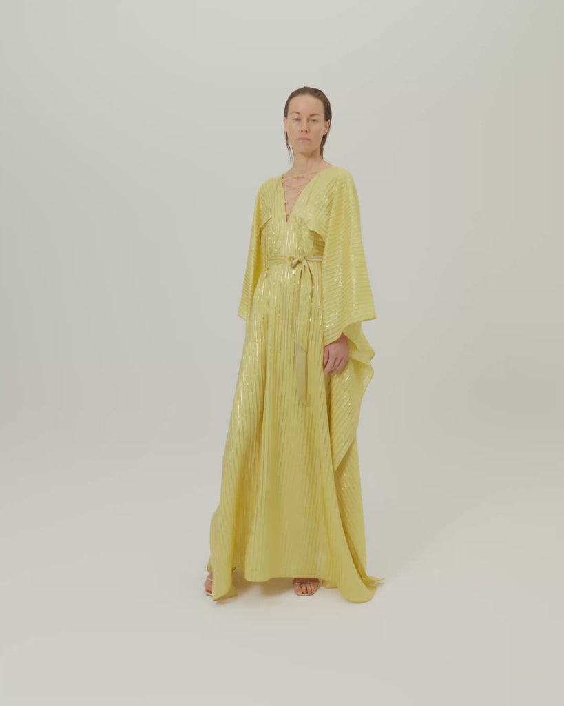 Mojave Kaftan in Antique Gold - Three-dimensional lurex pin stripe laced-up neckline belted kaftan with pockets