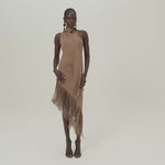 Siwa Dress in Camel - Lycra gathered one shoulder dress with scarf and asymmetrical hem 