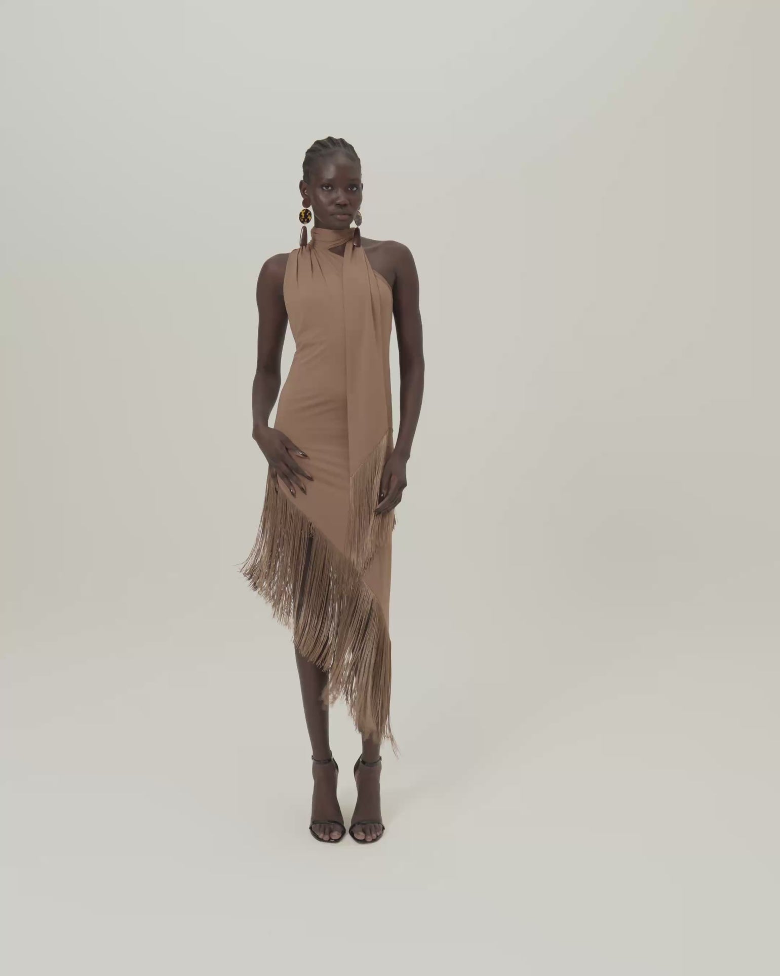 Siwa Dress in Camel - Lycra gathered one shoulder dress with scarf and asymmetrical hem 