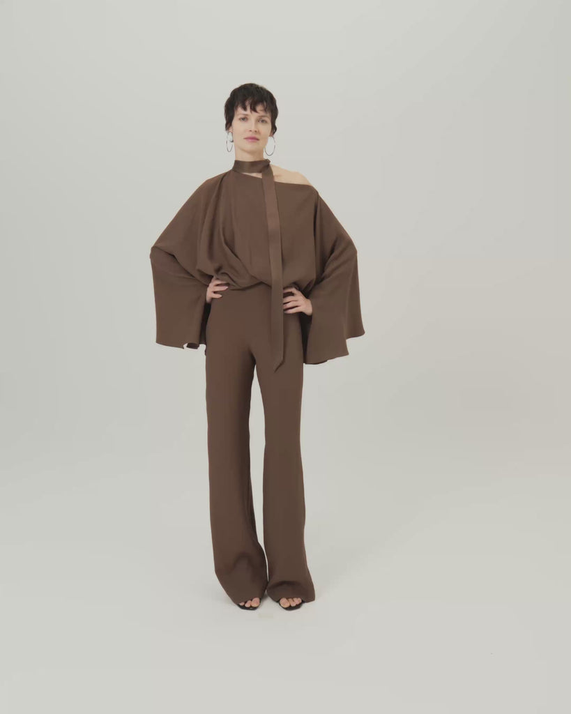 Brooks Jumpsuit in Fume - Crepe cady cold shoulder blouson palazzo jumpsuit