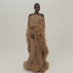 Feathered Sza Sza Spirito Kaftan in Camel - Crepe chiffon halter neck feathered kaftan with dettached stretch crepe cady slip dress