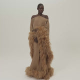 Feathered Sza Sza Spirito Kaftan in Camel - Crepe chiffon halter neck feathered kaftan with dettached stretch crepe cady slip dress