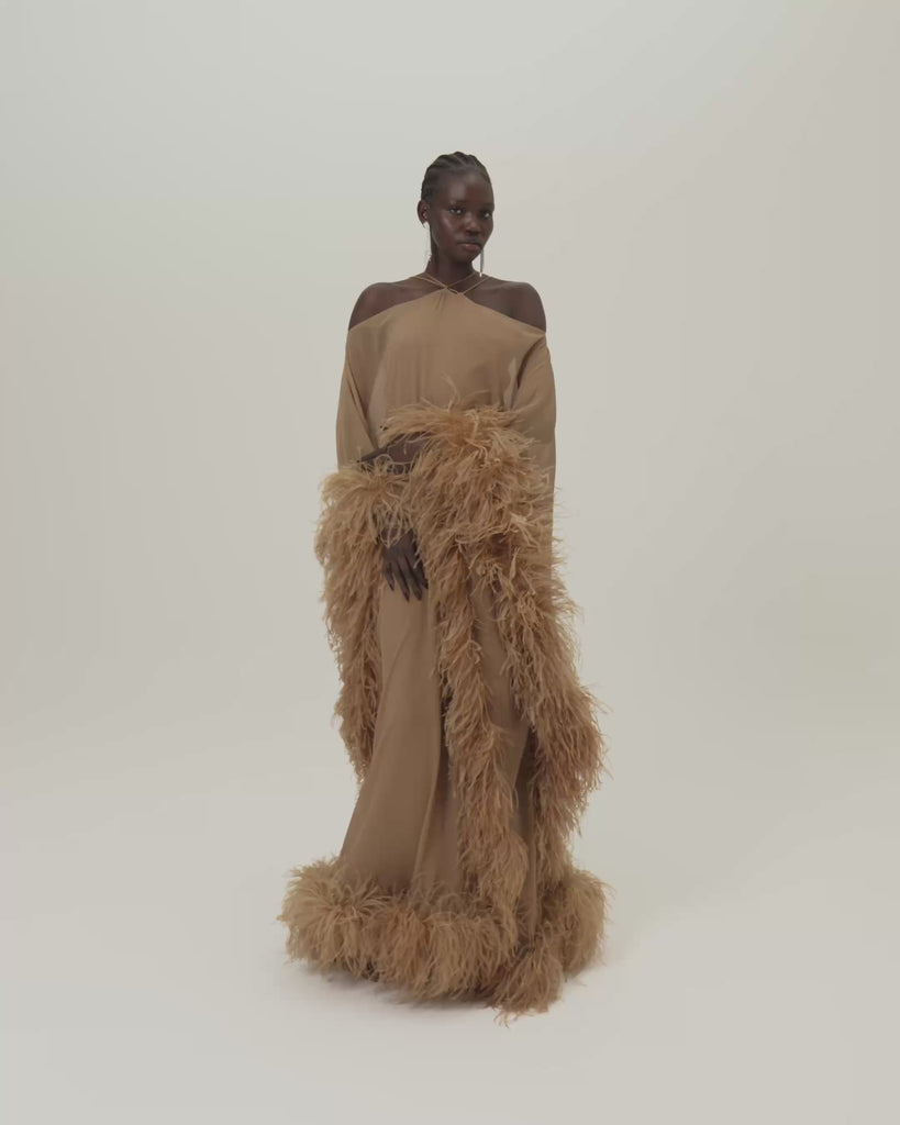 Feathered Sza Sza Spirito Kaftan in Camel - Crepe chiffon halter neck feathered kaftan with dettached stretch crepe cady slip dress